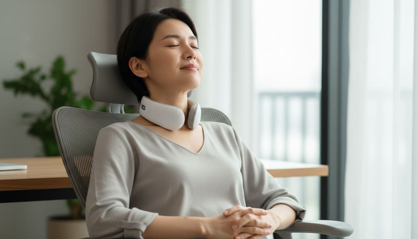 An adult with a relaxed facial expression wears a slim wireless EMS neck massager fitted around the neck and lower jaw, sitting comfortably in a modern home office chair under soft window lighting.