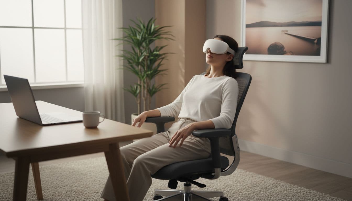 A relaxed young adult in a cozy home office wears a wireless eye massager over closed eyes, leaning back in an ergonomic chair with a laptop nearby, bathed in soft window light.