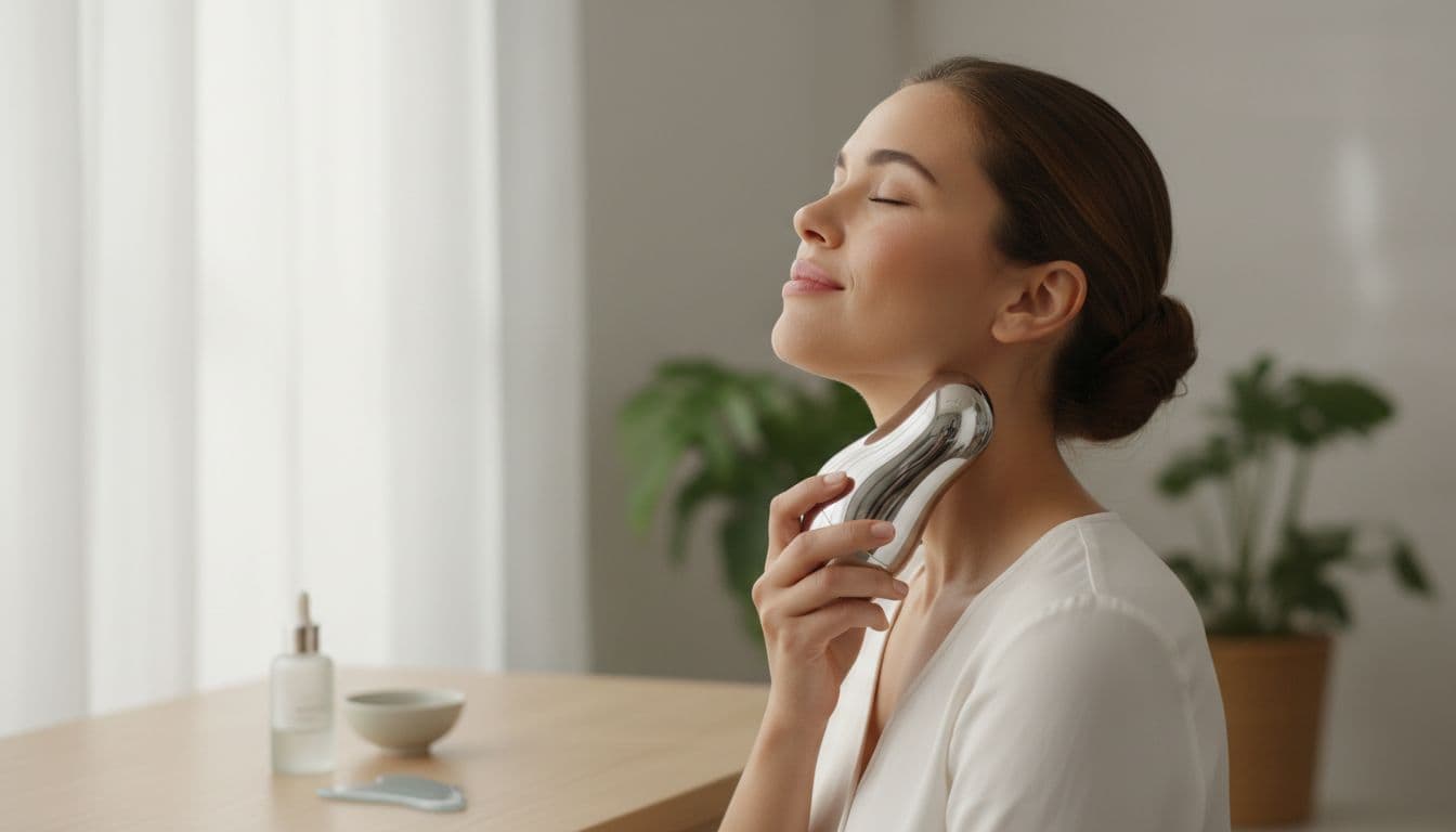 Diverse light-skinned woman uses sleek handheld electric facial massager on neck and chin in serene home vanity with soft natural light and minimal modern skincare tools.