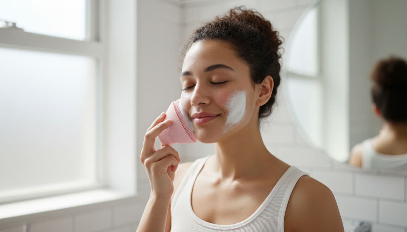 Diverse woman with sensitive rosy skin gently applies silicone facial cleansing brush with mild cleanser foam to her cheek in a bright bathroom under soft natural light, showing proper relaxed technique.