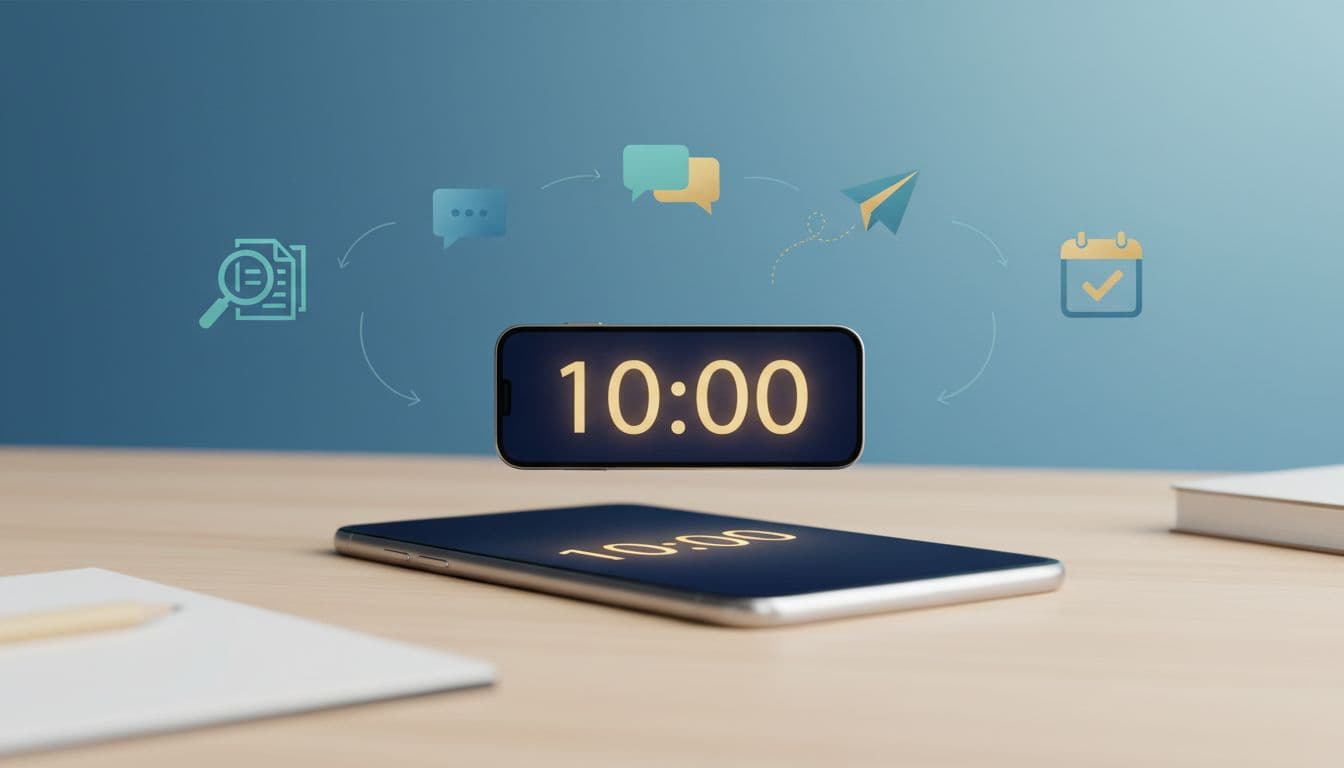 Clean, modern editorial illustration of a minimalist digital timer counting down from 10:00 on a phone screen, surrounded by sequential icons for prospecting steps: magnifying glass for research, chat bubbles for engagement, paper airplane for outreach, and calendar for follow-up. Set on a wooden desk with soft glow, calming blue gradient background, blues/teals with golden accents, flat vector style.