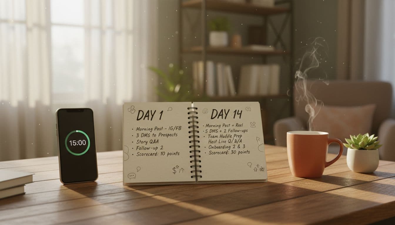 In a cozy home office with soft morning light, an open notebook on a wooden desk shows handwritten sample routines for Day 1, Day 7, and Day 14 of a 15-minute MLM daily plan, featuring checklists with micro-goals, post topics, DM counts, scorecards, and onboarding steps, accompanied by a smartphone timer, coffee mug, and subtle icons.