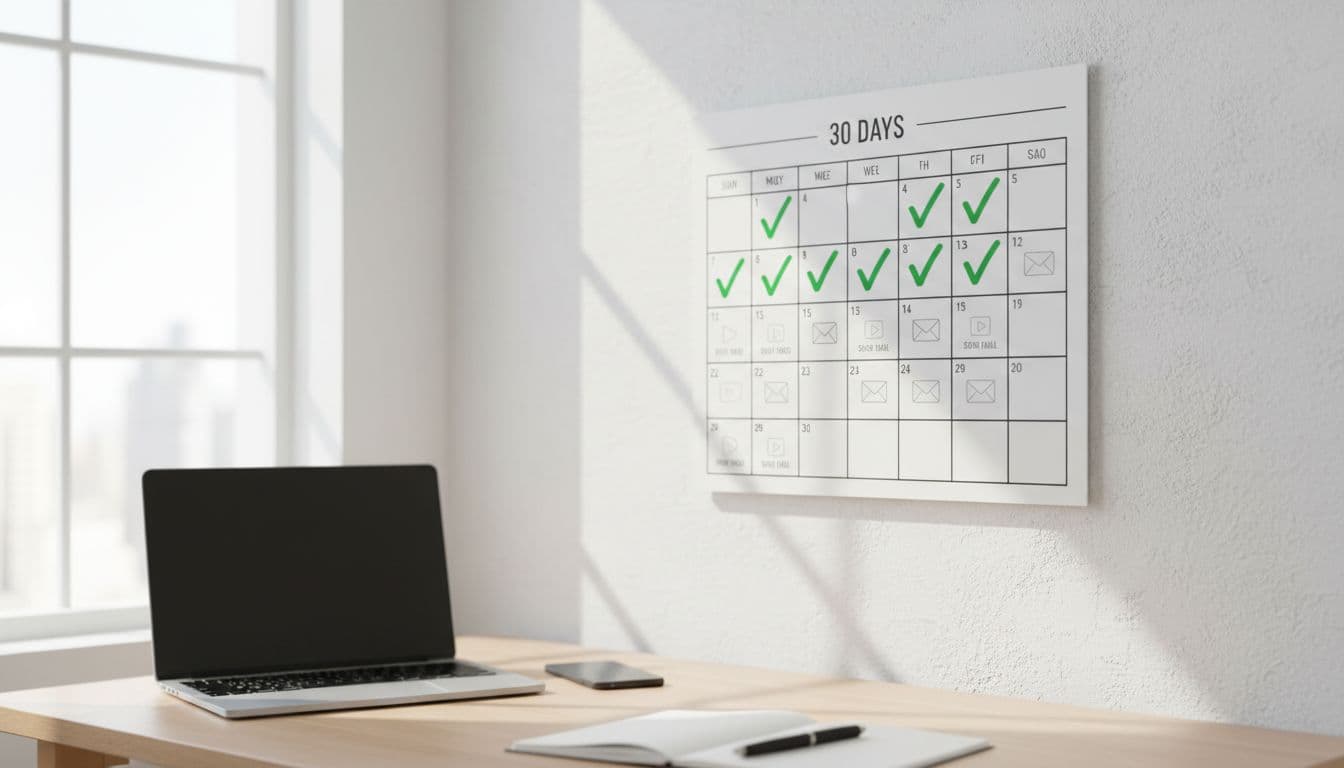 Realistic photo of a wall calendar marked with a 30-day plan, featuring checkmarks on the first weeks and icons for posting videos and emails, with a desk, phone, and laptop in the background. Clean, organized style in bright daylight evokes productivity and consistency.