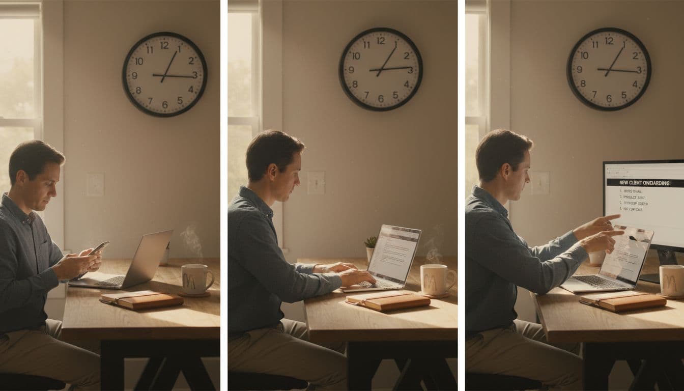 A focused person in a bright home office performs a structured 30-minute daily routine: checking phone messages, typing on laptop for content creation, and reviewing an onboarding checklist, with a wall clock showing morning time, coffee mug, natural light, and warm productive tones.