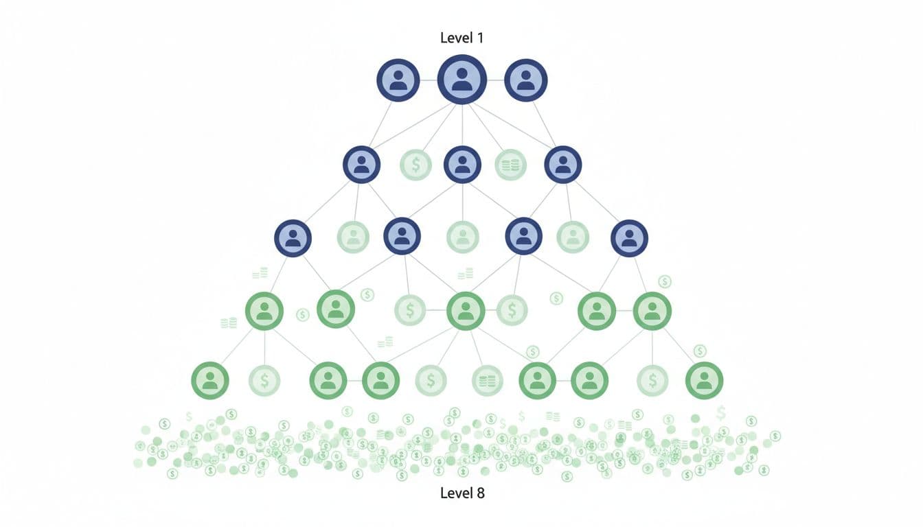Clean illustrative diagram of a 3x8 matrix structure for network marketing, shown as a multi-level pyramid with 8 levels branching downward, using simple icons and subtle money symbols in a soft blue-green flat design.