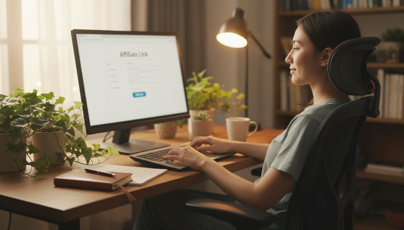 A person at a home office desk types affiliate links into a simple web form on their computer, in a relaxed setting with plants, notebook, and warm lighting; screen slightly blurred, focus on hands, realistic photography.