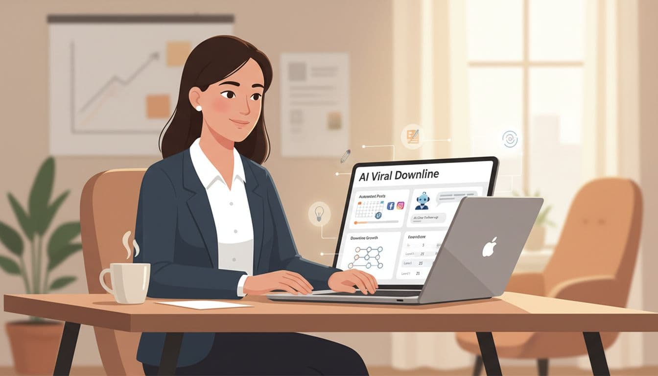 Clean professional illustration of AI helping an MLM team in a home office, featuring laptop screens with social media scheduling, AI chats, downline growth charts, and productivity icons in modern flat design.