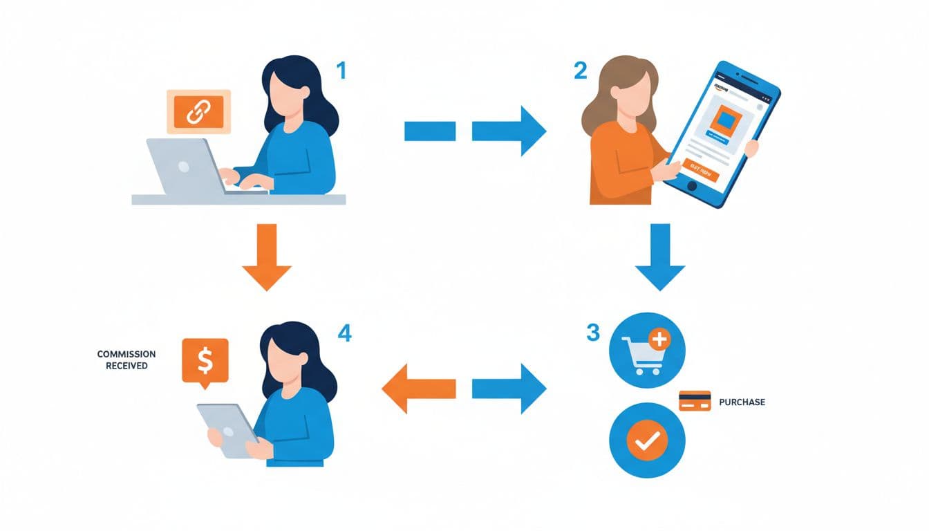 A clear visual flowchart depicting the Amazon Associates affiliate process, from content creator embedding a link to shopper purchase and commission notification, using simple icons, arrows, and bright blue-orange colors in a modern infographic style.