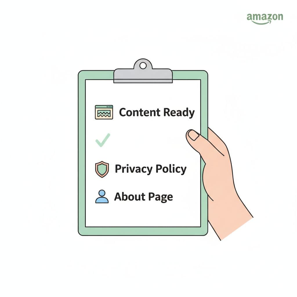 Simple line art illustration of a hand holding a clipboard with a checklist for Amazon Associates approval, featuring checked items like website content, privacy policy, and about page, with subtle Amazon logo and green checkmarks.