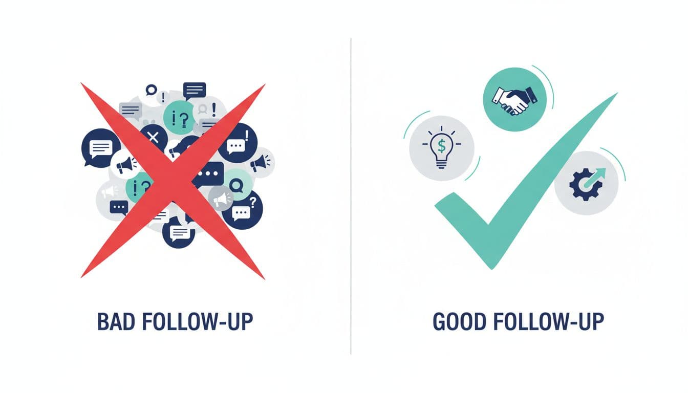 Minimalist vector illustration showing a split-screen comparison of bad (cluttered spammy messages with red X) versus good (spaced personalized value with green check) follow-up strategies on a white background.
