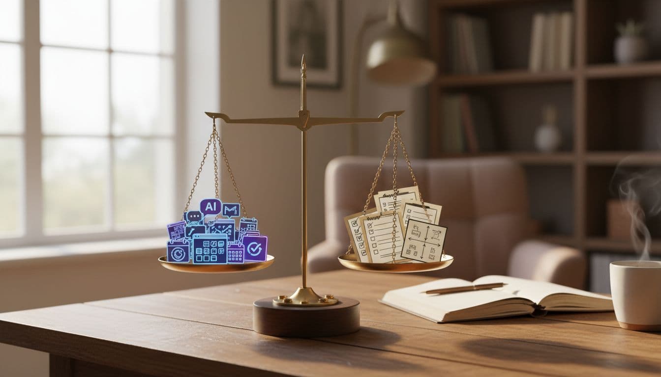 A balanced scale in a cozy home office weighs AI chat bubbles, social media dashboards, and auto-posting calendars against simple checklists, team diagrams, and matrices. Photorealistic style with warm tones and soft natural light on a wooden desk.