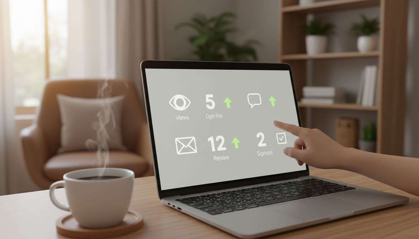A realistic photo of a clean, simple dashboard on a laptop screen angled in a cozy home office, displaying basic metrics icons for views, opt-ins, replies, and signups with upward green arrows and small numbers. A relaxed beginner’s hand points at the screen, with coffee nearby and soft blurred background for a motivational progress vibe.