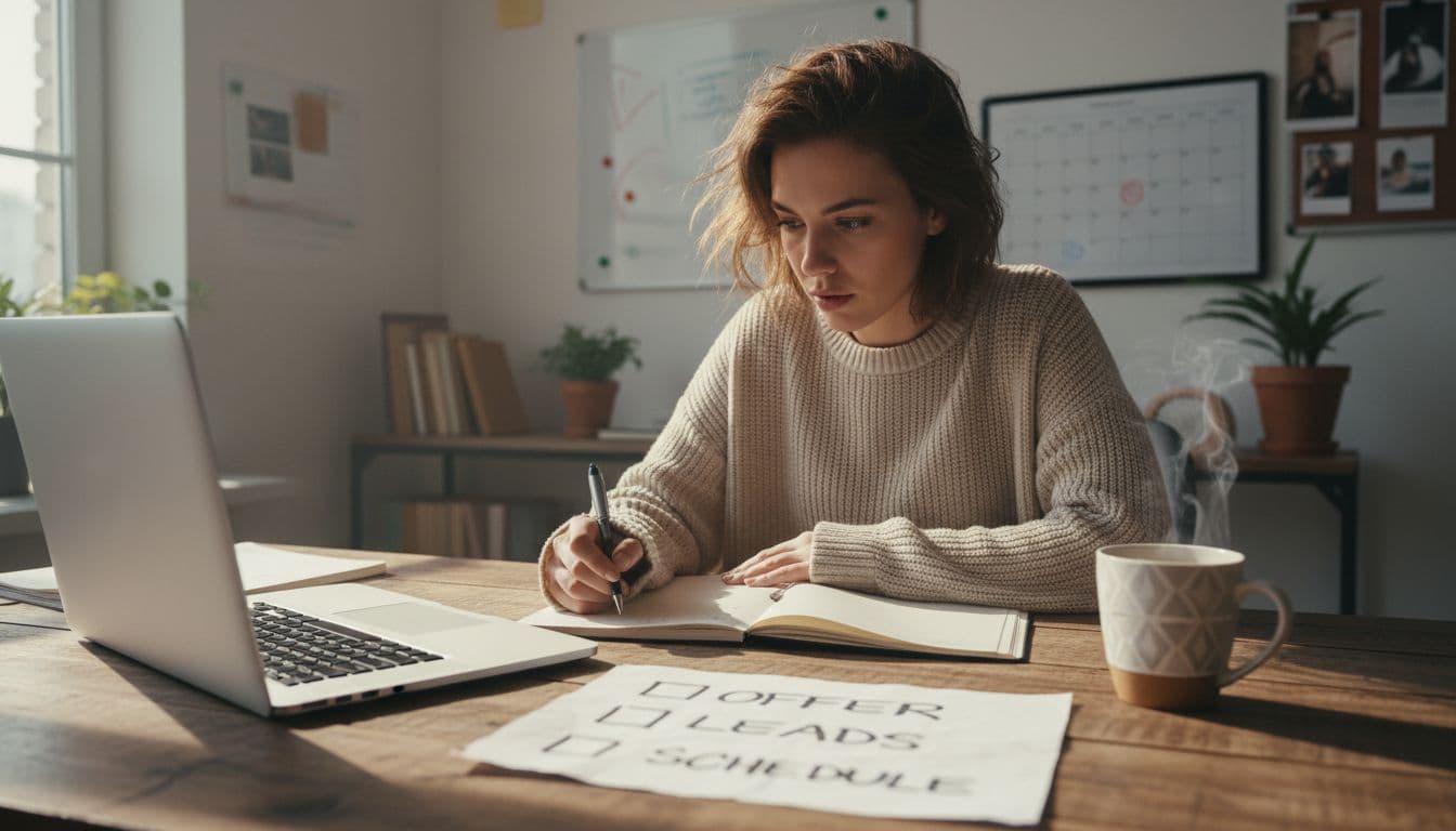 A beginner entrepreneur sits focused at a simple home desk with laptop, notebook, and coffee mug, planning a business system. Foreground shows handwritten checklist for offer, leads, and schedule in a cozy home office background with calendar.