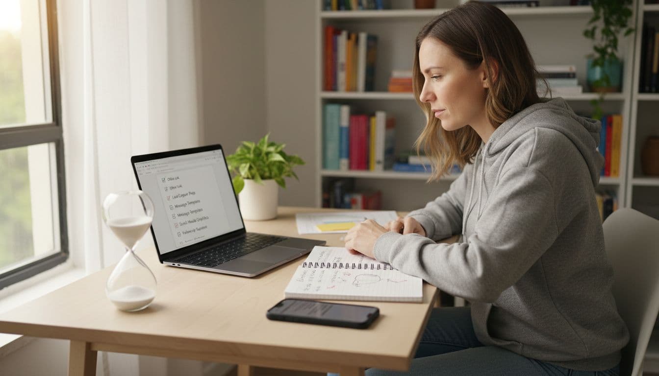 In a cozy home office with natural morning light, a focused 30s beginner MLM network marketer sits at a wooden desk with a laptop displaying a setup checklist, notepad, smartphone, and a prominent 30-minute hourglass timer.