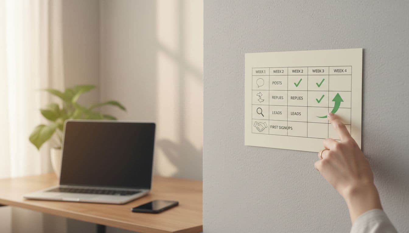 Photorealistic image of a simple weekly progress calendar on a home office wall, marked weeks 1-4 with checkmarks for posts, replies, leads, and signups icons. Beginner MLM marketer's hand points to week 2 growth in a cozy setting with natural light and blurred laptop, phone background.