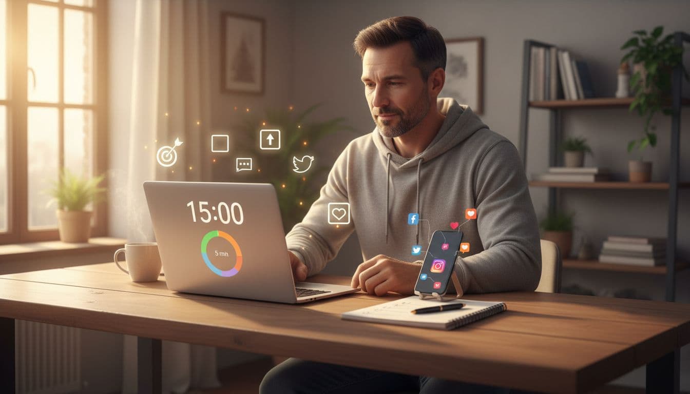 A focused mid-30s beginner network marketer in a cozy home office uses a laptop timer app for a segmented 15-minute routine: goal setting, posting, conversations, and logging, with productivity tools nearby.