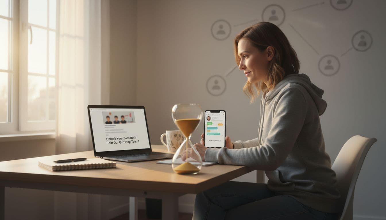 In a cozy morning-lit home office, a focused mid-30s beginner network marketer in casual clothes works at a wooden desk with a laptop showing an MLM social media post and smartphone replies, while a prominent 15-minute timer runs in the foreground amid subtle expanding team network icons.