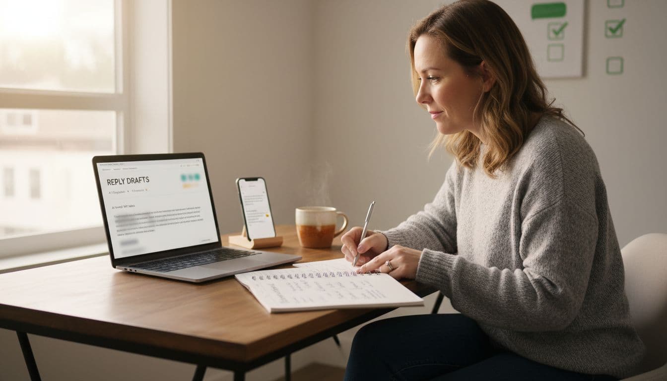 In a cozy home office with soft morning light, a focused mid-30s beginner network marketer in casual clothes edits AI-generated draft suggestions for friendly MLM DM replies on a laptop, surrounded by a smartphone, notepad with personal notes, and a coffee mug.