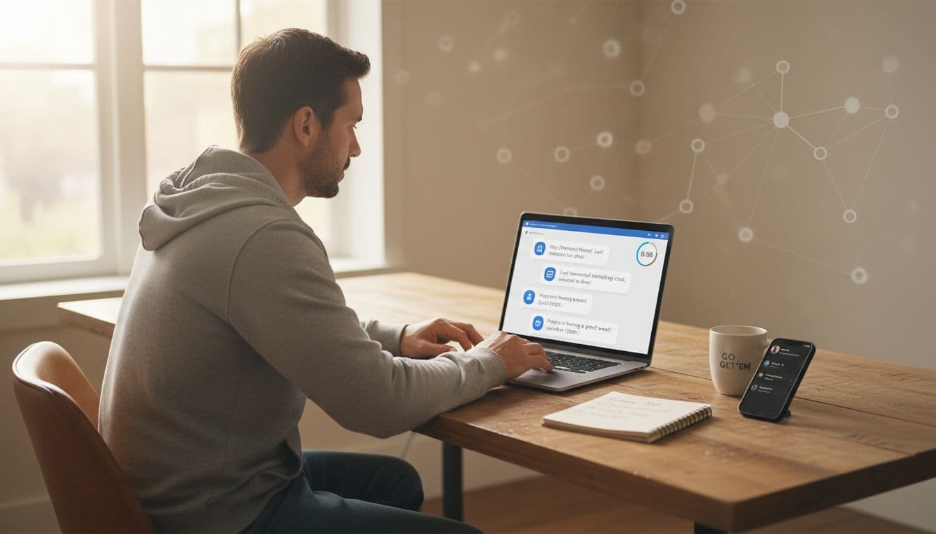 In a cozy home office bathed in soft morning light, a focused mid-30s beginner network marketer works on a laptop showing an AI tool drafting short DM replies for MLM prospects, with a smartphone, notepad, and coffee mug nearby.