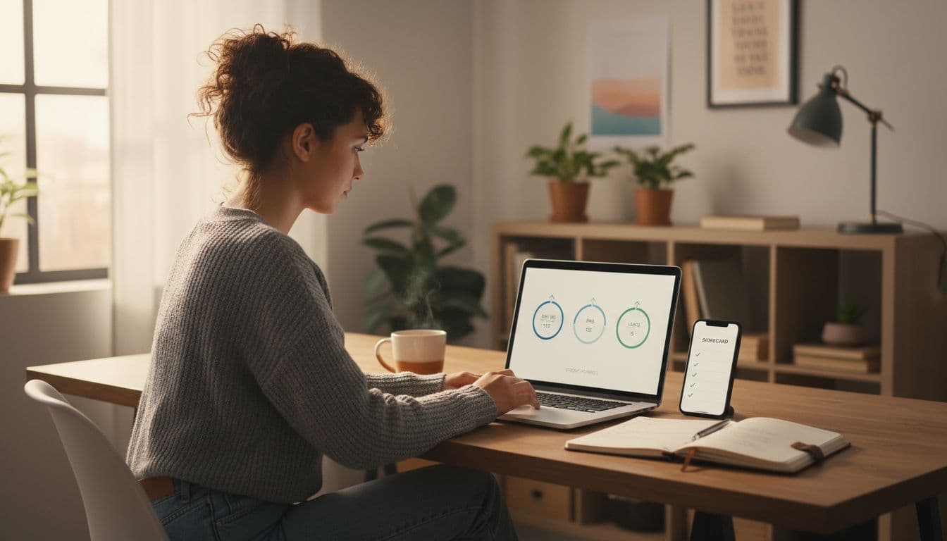 In a cozy home office with soft natural light, a focused beginner network marketer in casual clothes reviews a simple metrics dashboard on a laptop screen at an angle, showing basic charts for daily posts, DMs, replies, and leads with small upward trends.