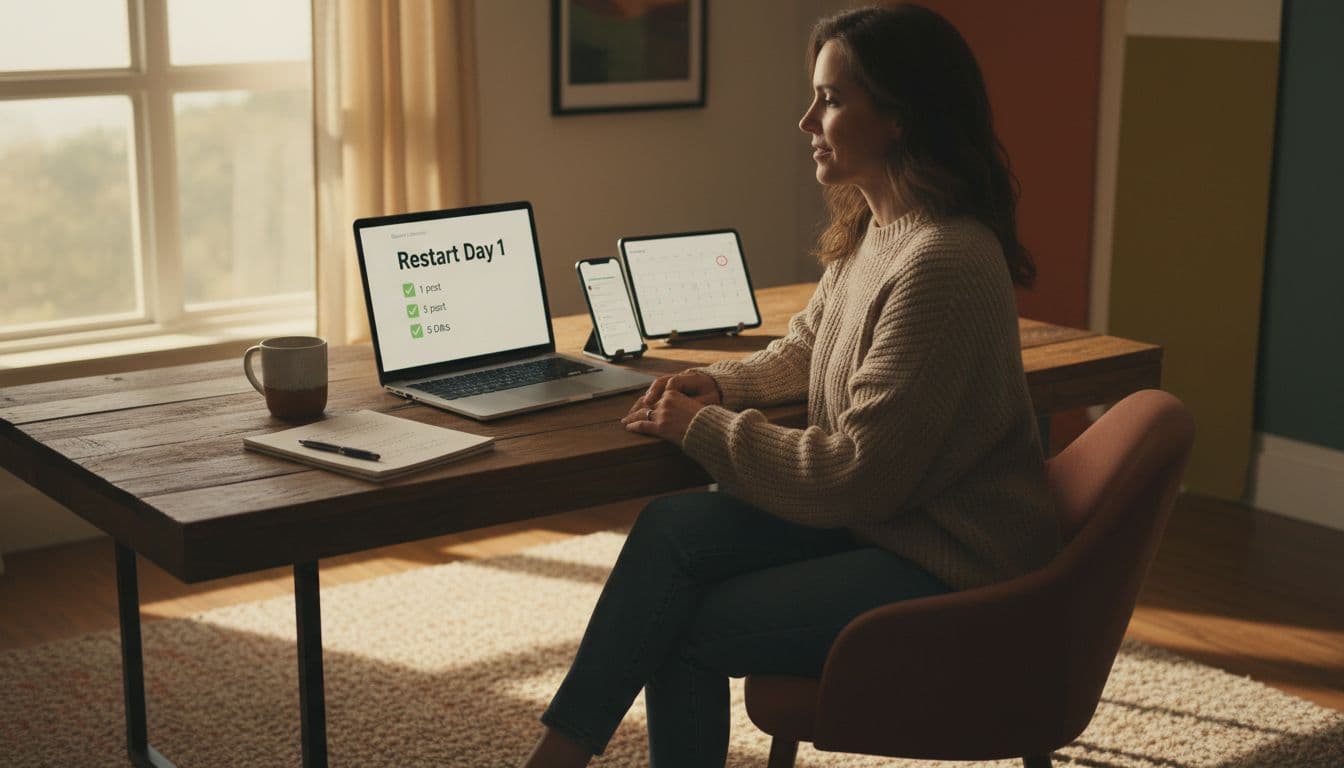 In a cozy home office with soft morning light, a focused mid-30s beginner network marketer sits at a desk with a laptop showing a 'Restart Day 1' scorecard checklist, smartphone with DM notifications, coffee mug, and notepad, conveying calm determination.
