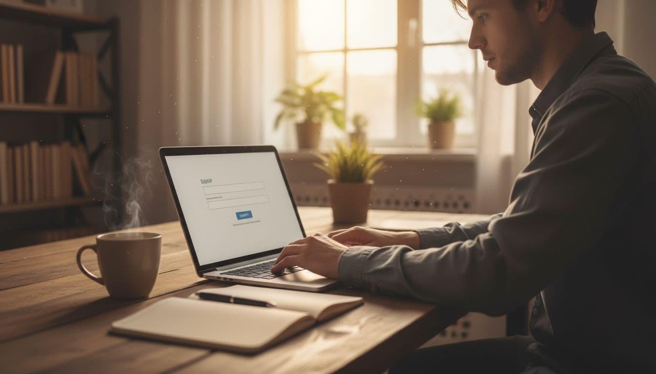 A focused beginner sits at a wooden desk in a cozy home office, typing name and email into a blurred signup form on a laptop, with coffee mug, notebook nearby, and natural daylight from the window, in warm realistic tones.