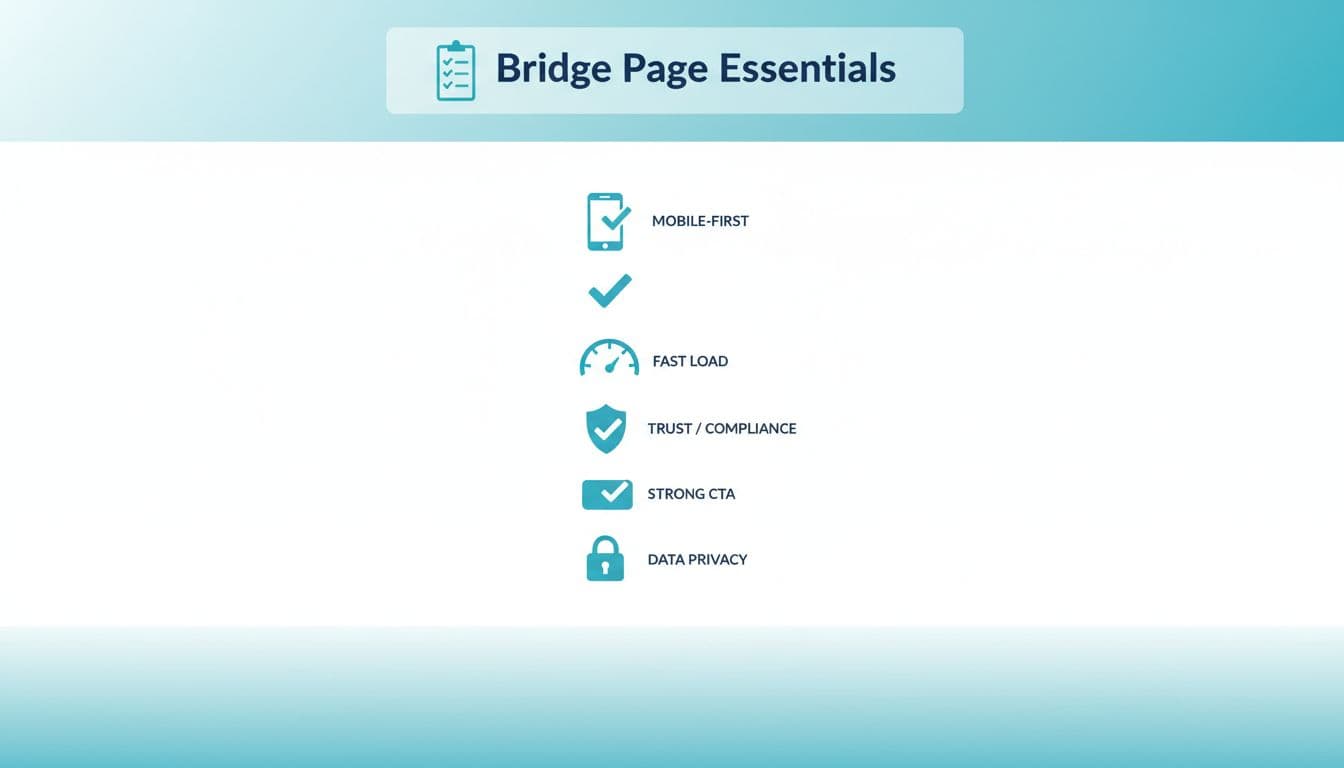 Clean, modern minimal flat vector illustration in blue teal palette with white space and subtle gradients, featuring a checklist titled 'Bridge Page Essentials' and five icons: mobile phone for mobile-first, speedometer for fast load, shield for trust, button for CTA, and lock for privacy, each with a checkmark.