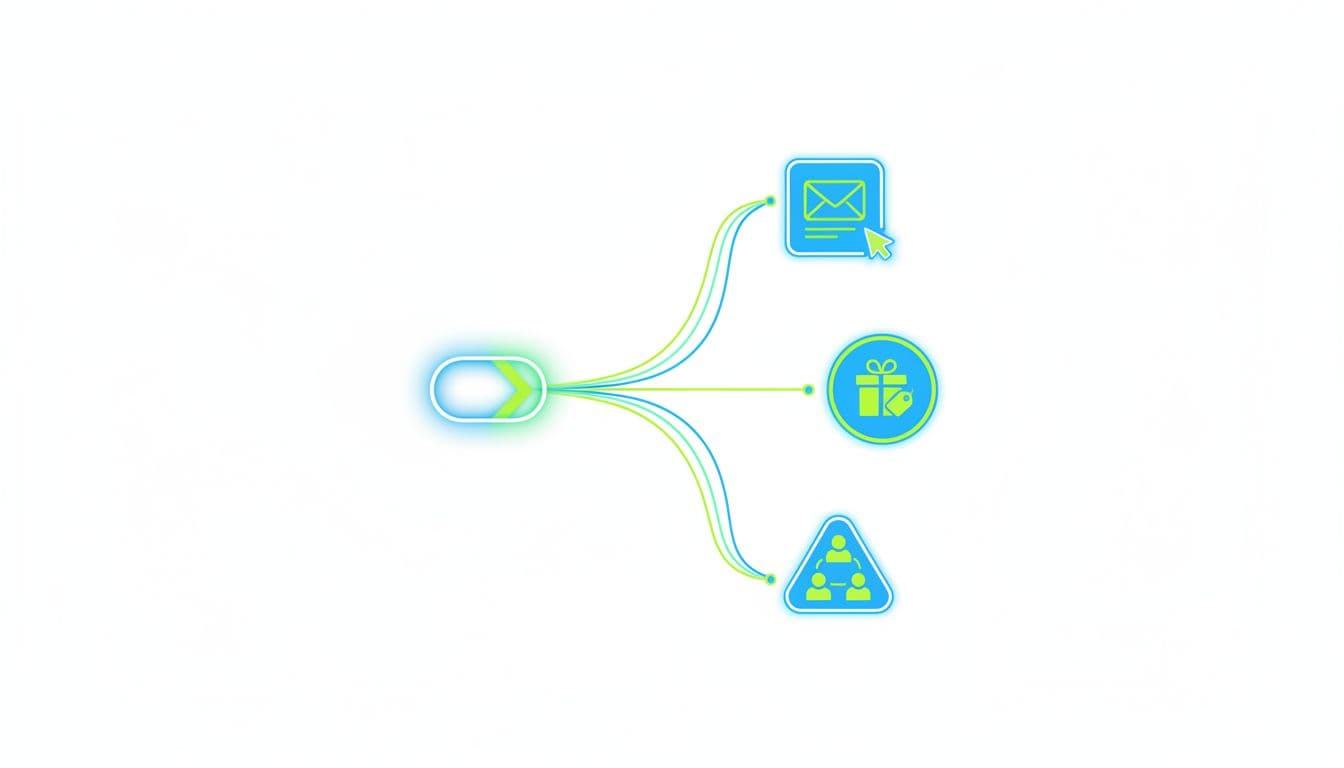 Clean illustrative diagram of a glowing central link branching evenly to icons for email signup, product offer, and team join landing pages in flat modern blue-green design.