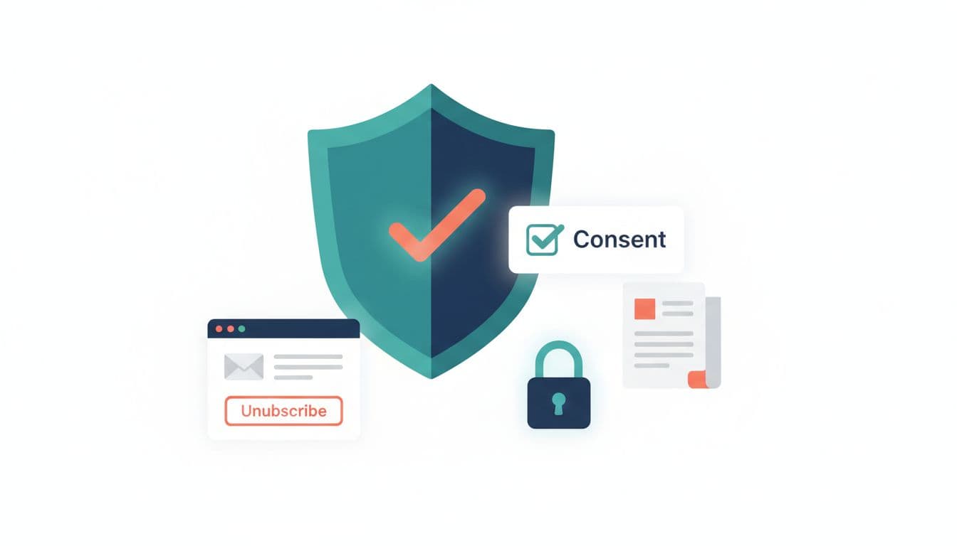 Clean, modern flat-vector illustration in SaaS marketing style featuring a large shield with checkmark, ticked consent checkbox, privacy policy document, lock symbol, and subtle email unsubscribe button on white background.