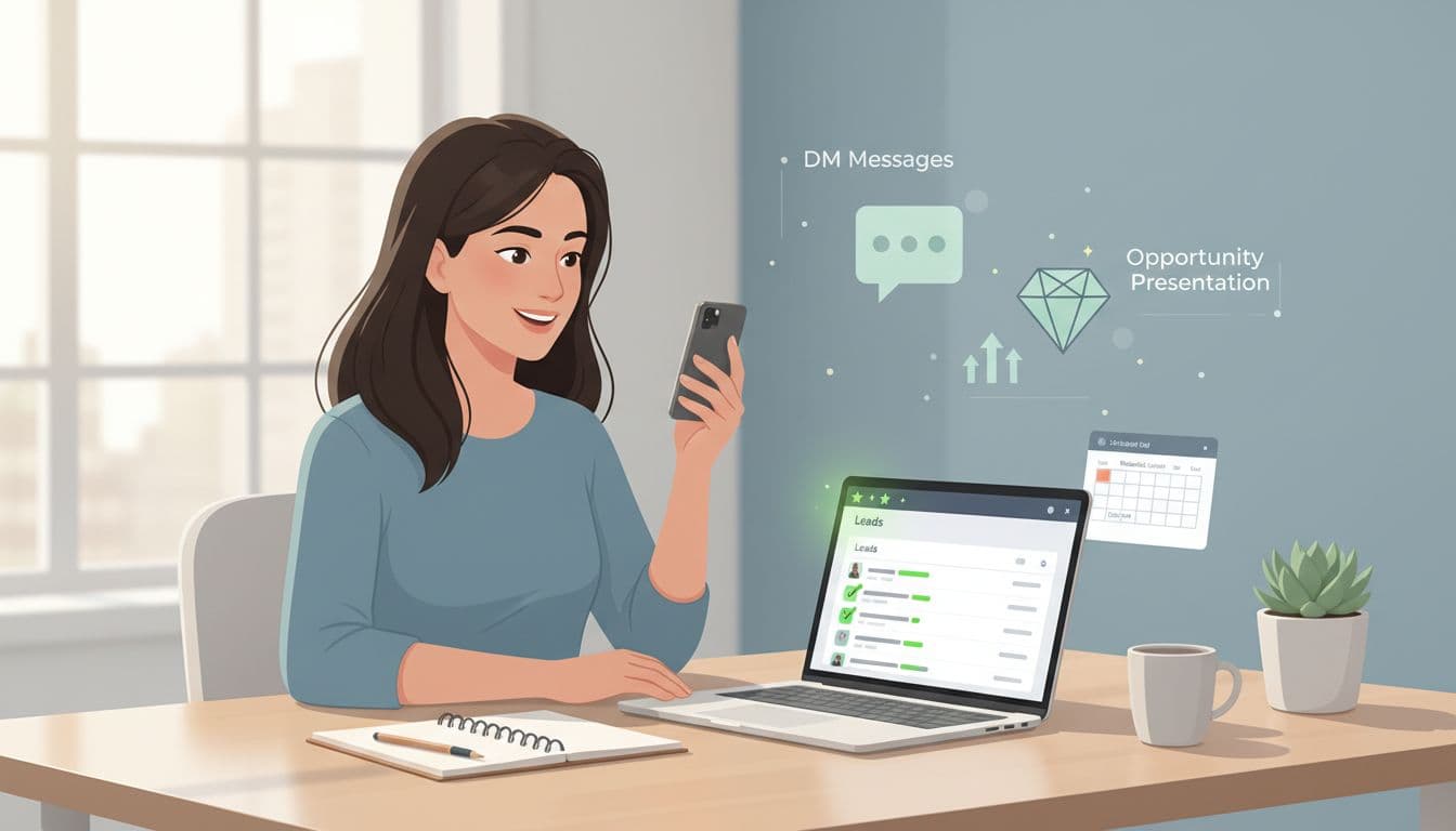 Landscape illustration of a confident network marketer in a bright home office, holding a smartphone ready to call a prioritized lead, with laptop showing sorted leads highlighted in green and calendar open for Zoom.