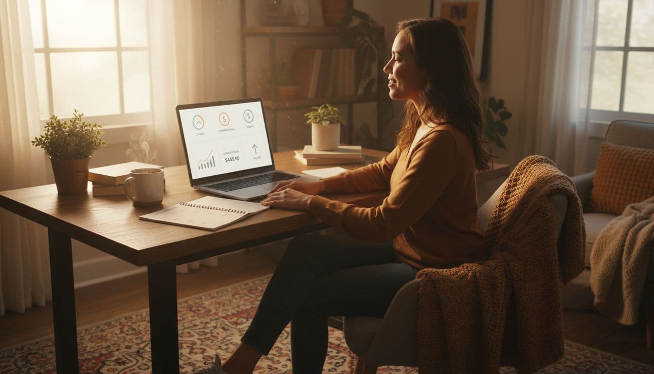 A person sits relaxed in a cozy home office at a wooden desk with a laptop displaying a simple dashboard of traffic stats like clicks and commissions, accompanied by a notebook checklist and steaming coffee mug under natural morning light.