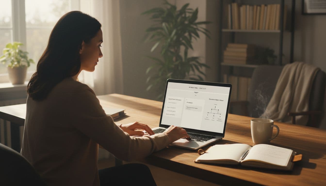 Realistic cozy home office during a 7-day free trial of an AI MLM tool, featuring a laptop with dashboard showing social post scheduler, AI chat, and matrix viewer, notepad checklist, coffee mug, morning light, and a focused person reviewing progress.