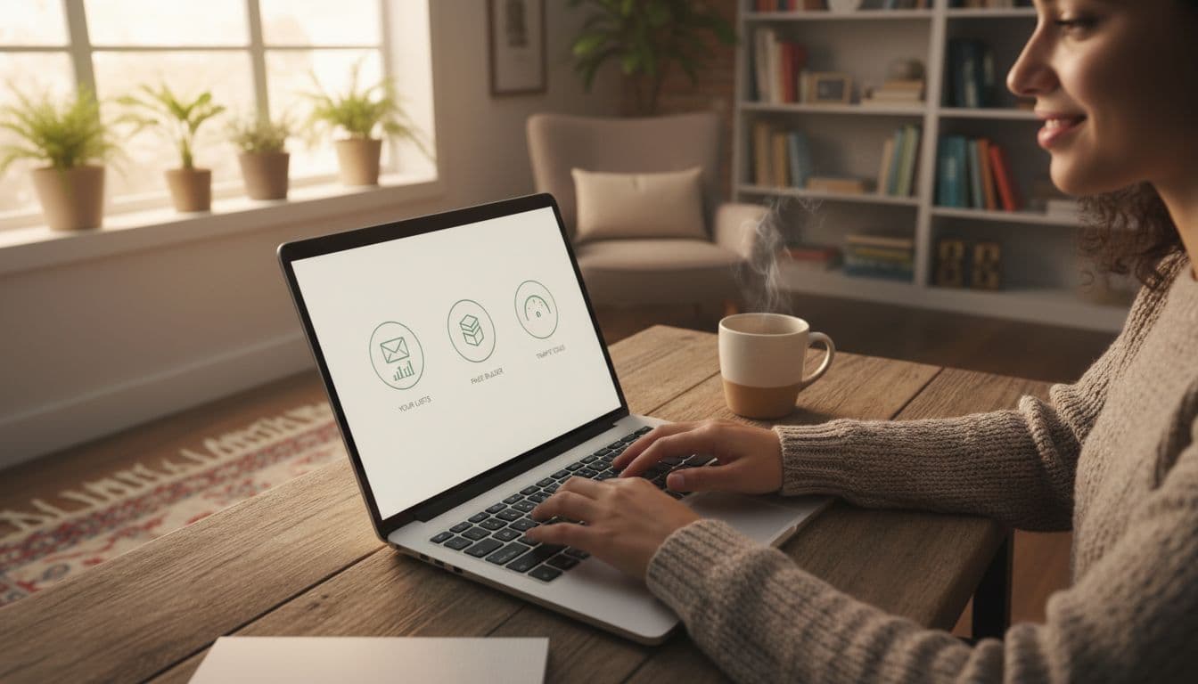 A friendly person sits at a wooden desk in a home office, working on a laptop displaying a simple marketing dashboard with email lists, page builder, and traffic tools. The cozy room features plants, a coffee mug, and natural daylight, creating a productive atmosphere.