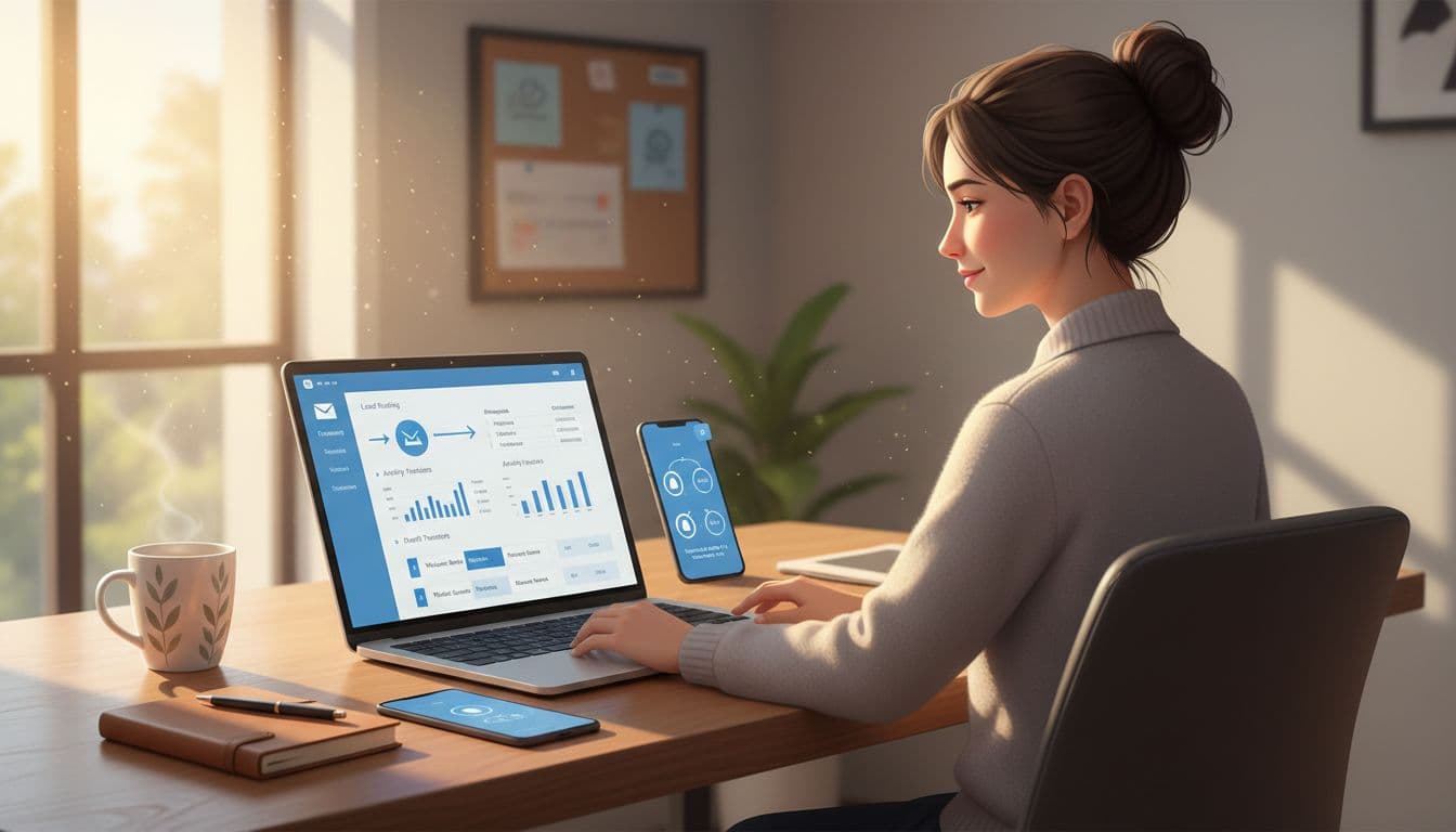 Realistic illustration of a focused person at a modern wooden desk in a cozy home office, with a laptop displaying a clean dashboard featuring lead routing arrows, activity trackers, email sequence timelines, and placement rotator. Smartphone shows support call notification amid subtle workflow icons, warm lighting, and a calm productive atmosphere balancing tech and human effort.