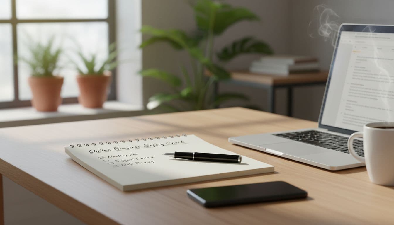 Photorealistic cozy home office desk in daytime light, featuring a notepad with 'Online Business Safety Check' checklist including monthly fee, cancel policy, support, and data privacy, alongside a blurred laptop terms page, pen, steaming coffee mug, smartphone, and background plants.