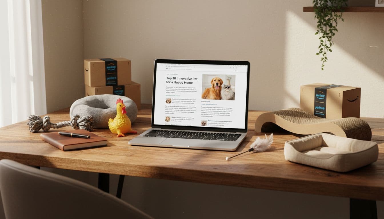 Photorealistic image of a home office desk with a laptop open to a niche blog post about pet products, surrounded by sample Amazon items like dog toys, cat scratchers, and pet beds, in soft natural light with a cozy atmosphere.