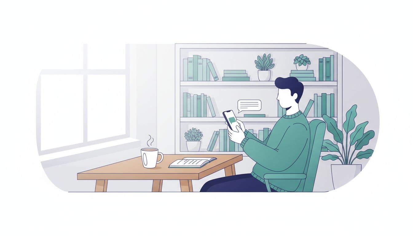 Illustration of a relaxed adult at a wooden desk in a cozy home office, working on a side hustle by composing a direct message on a smartphone for network marketing leads. Minimalist vector style with soft gradients, teal and navy accents, natural light, bookshelves, and plants.