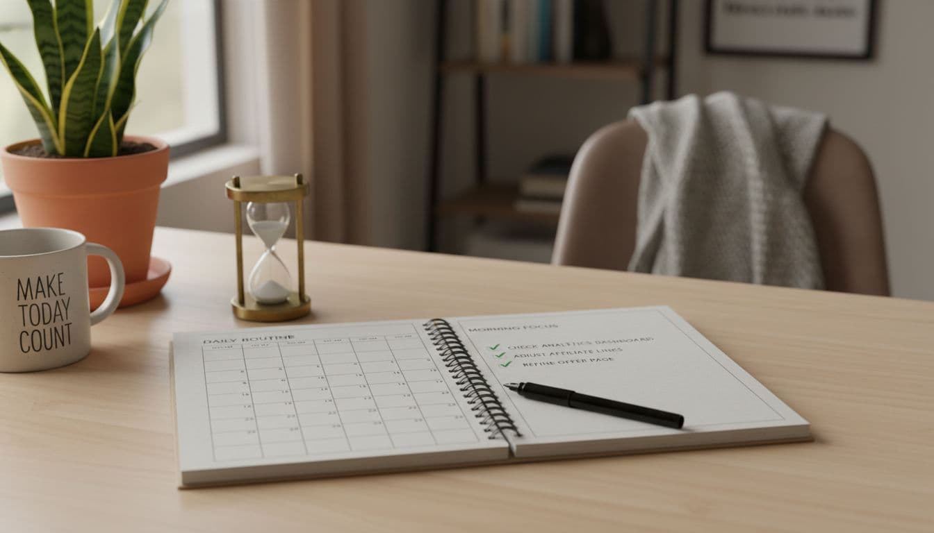 A photorealistic image of an open daily routine calendar page on a desk in a home office, featuring a 15-minute timer, checkmarks on checklist items like check dashboard, adjust links, and improve offer, with a plant and pen nearby in a motivational yet calm atmosphere with soft lighting.