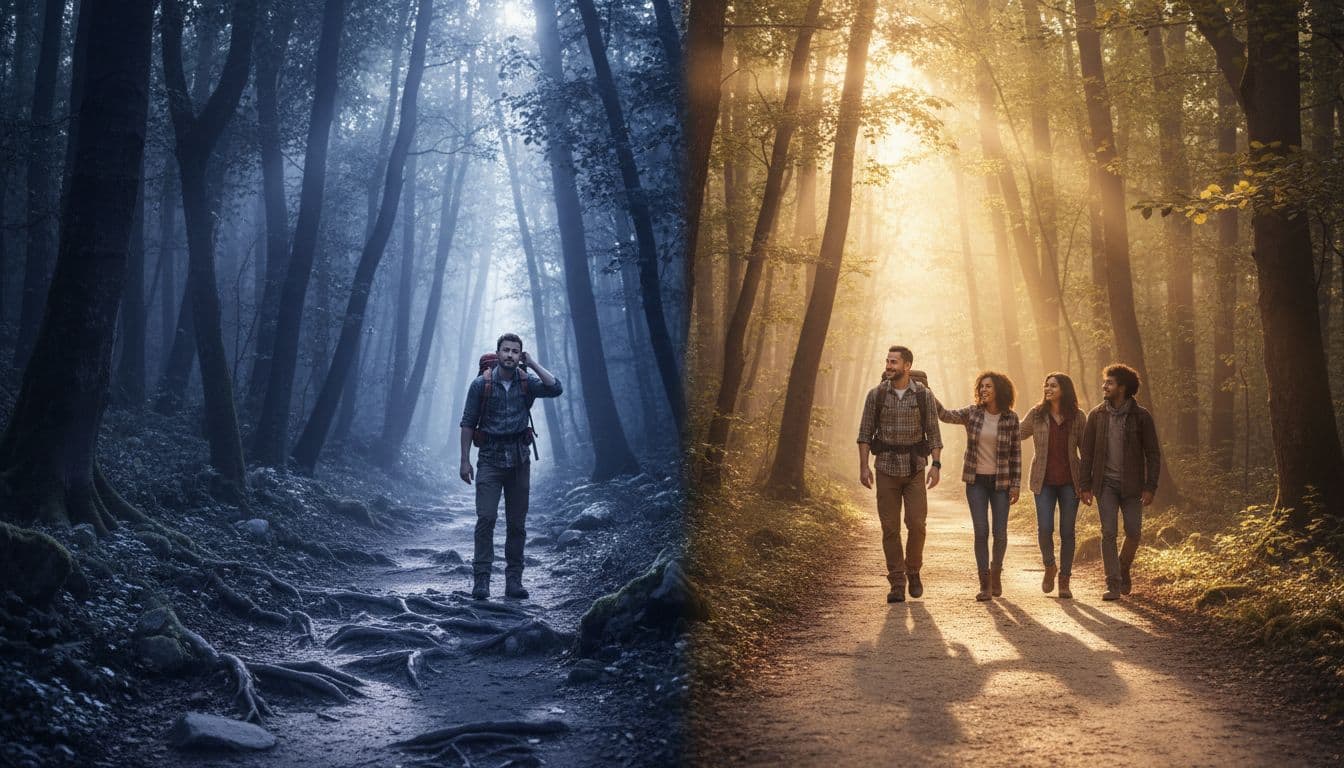 Two diverging paths in a forest at dawn with one hiker struggling alone and the same hiker walking confidently with supportive friends.