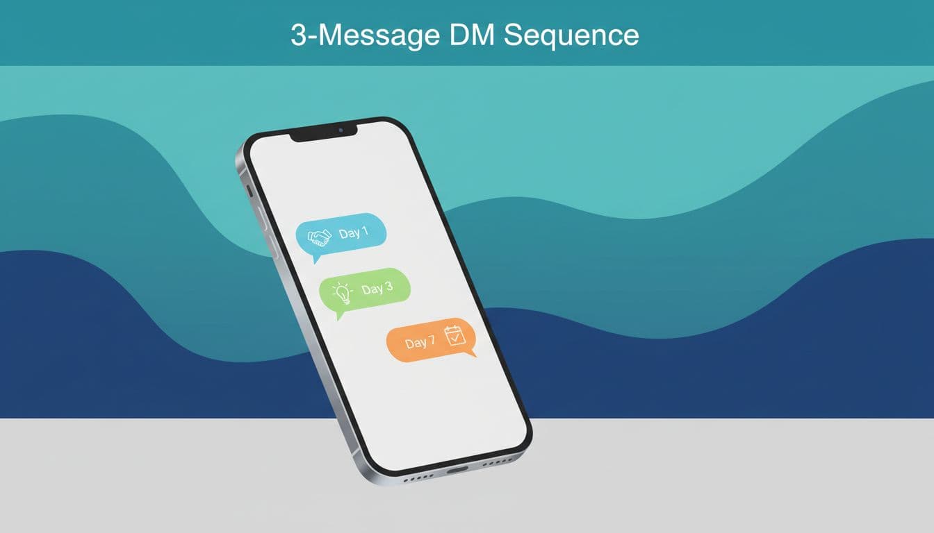 Clean, modern minimalist vector illustration of a smartphone displaying a horizontal timeline of three chat bubbles for Day 1, Day 3, and Day 7 DM follow-up sequence tailored for network marketing leads.