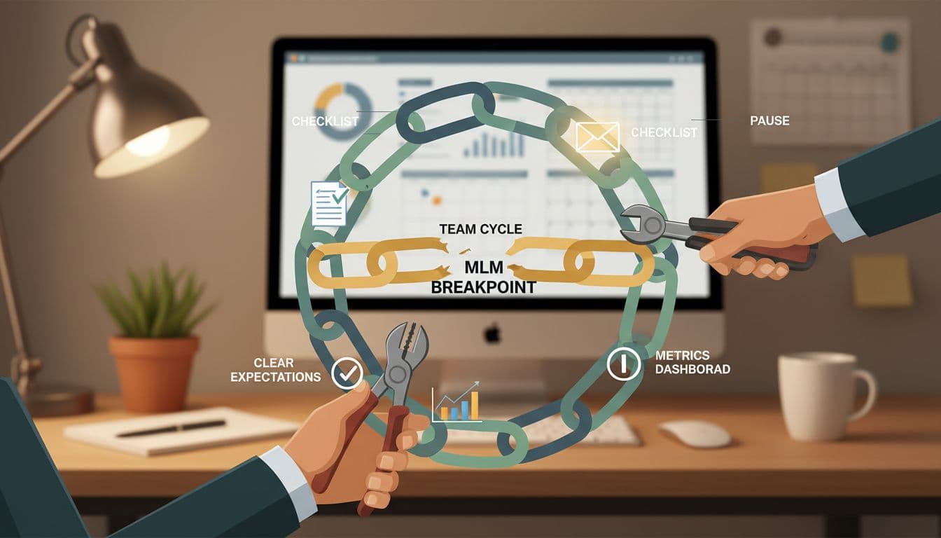 Simple illustration of a hand fixing a broken chain link in a team cycle, representing easy MLM fixes like checklists, reminders, and metrics dashboards in a calm home office.