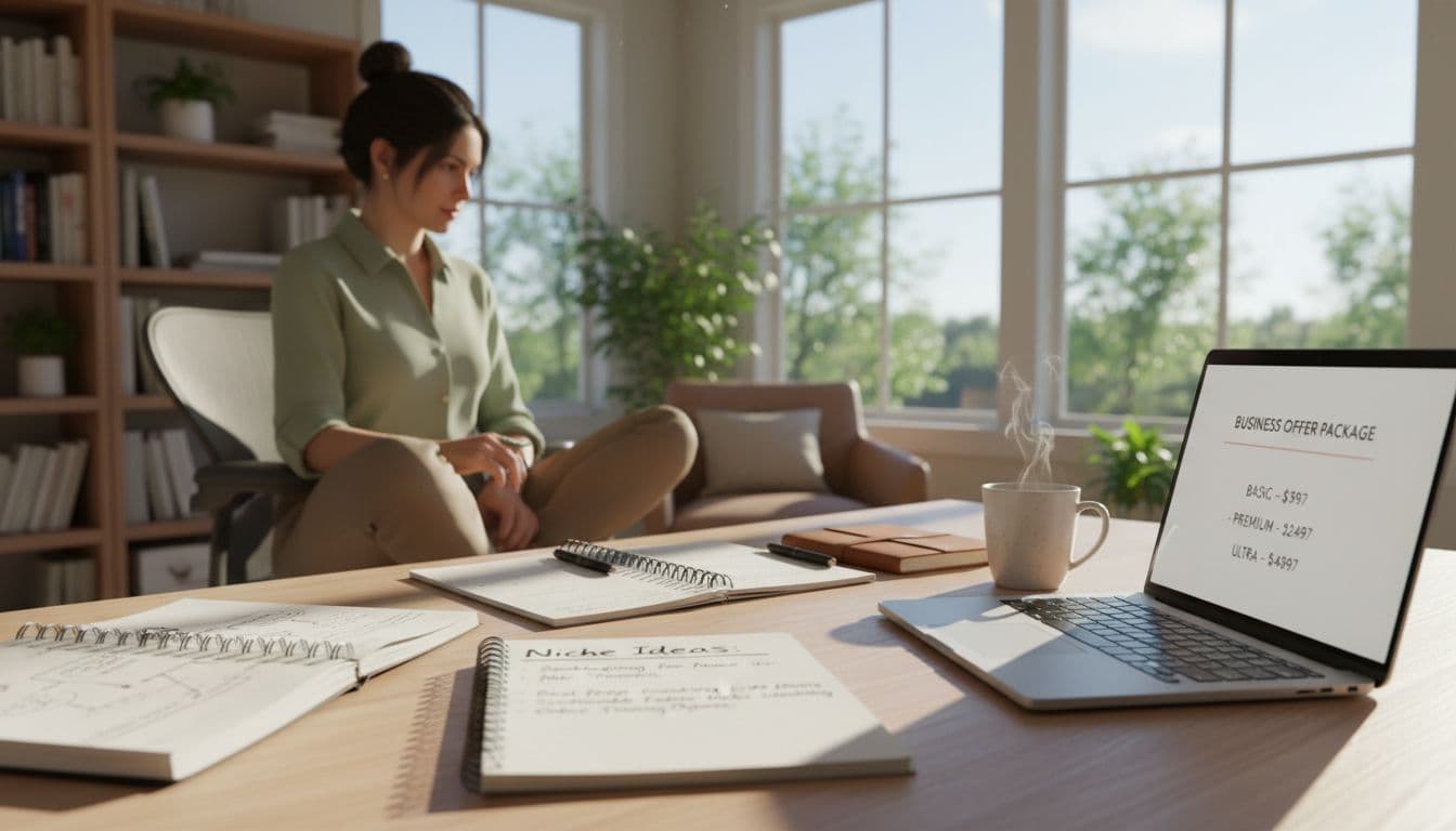 Home-based entrepreneur planning a niche and offer at a bright desk