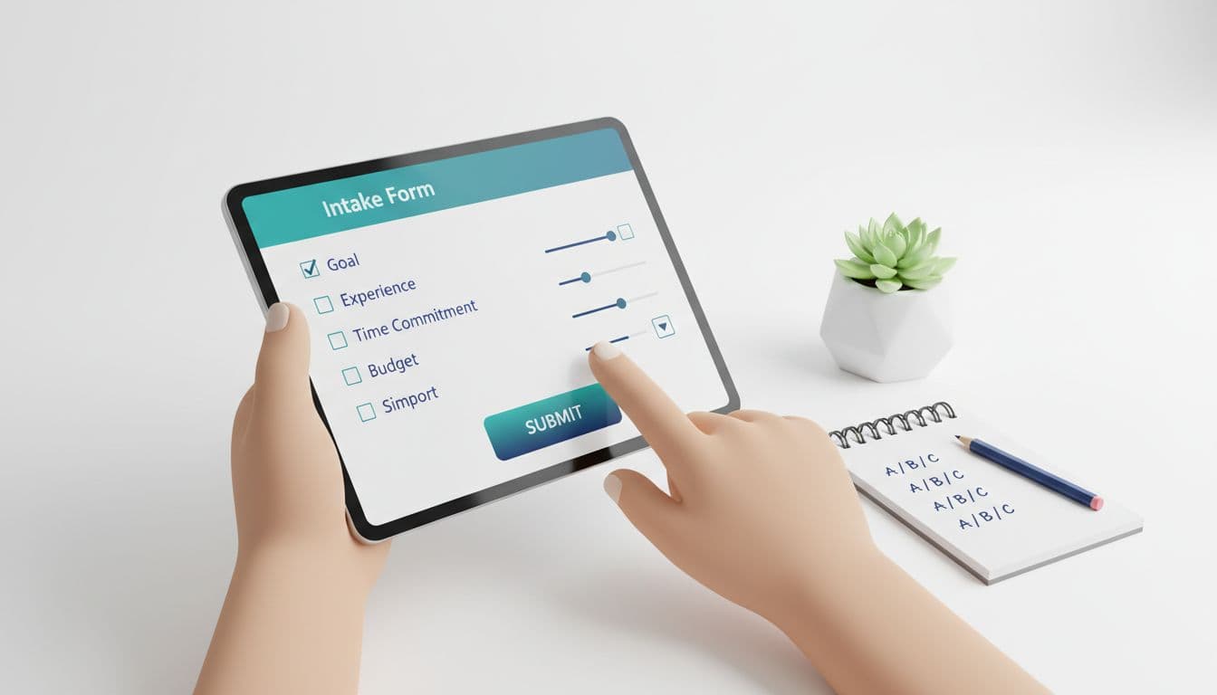 Clean modern blog-style illustration of a tablet held at an angle displaying a 7-point intake form template with fields for Goal, Experience, Time Commitment, Budget, Support, Timeline, and Fit, featuring checkboxes, sliders, and a hand tapping the submit button. Nearby notepad shows score notes A/B/C on a minimalist desk with a plant in soft teal/navy gradients.