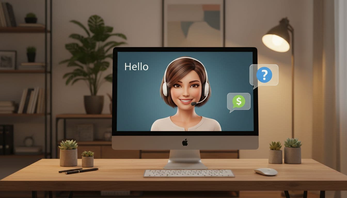 Photorealistic image of a friendly female AI assistant with short brown hair, warm smile, and headset, displayed on a computer screen in a cozy home office setup. Nearby chat bubbles feature icons for online business questions and responses, with a warm background of plants and soft lamp light.