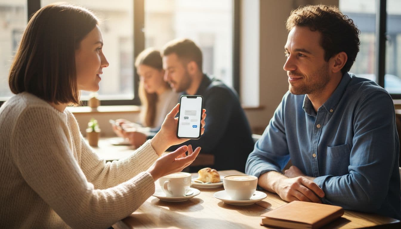 Two friends share a relaxed conversation at a cozy coffee shop table, one gesturing to a phone screen with a text chat while the other nods and smiles attentively. Warm natural light filters through windows, highlighting relaxed expressions and coffee cups on a wooden table.