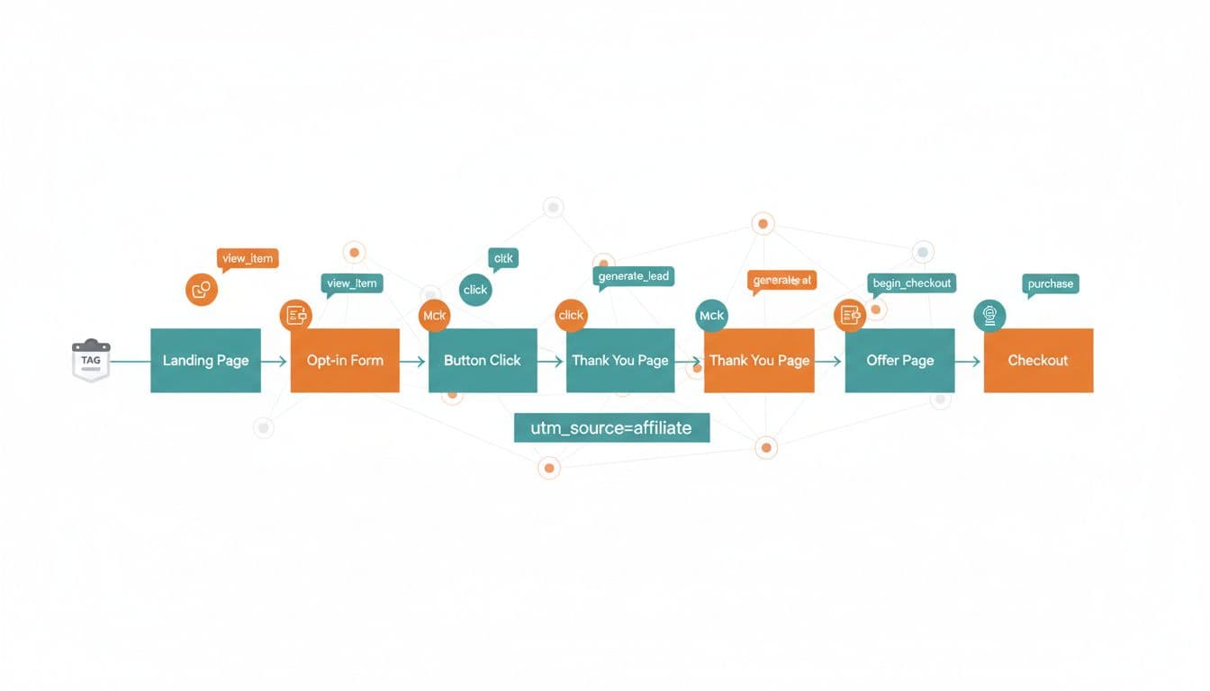 Clean modern landscape illustration of a simplified marketing funnel for GA4 event tracking in affiliate funnels, featuring events like view_item, generate_lead, click, begin_checkout, and purchase, with subtle background network marketing nodes, GTM icon, and UTM labels in flat vector style.