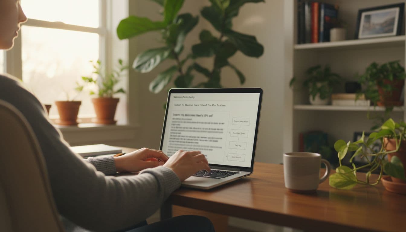 A person in a relaxed home office types on a laptop to set up a basic email automation sequence, with a blurred welcome email draft on screen, surrounded by plants in soft evening light.