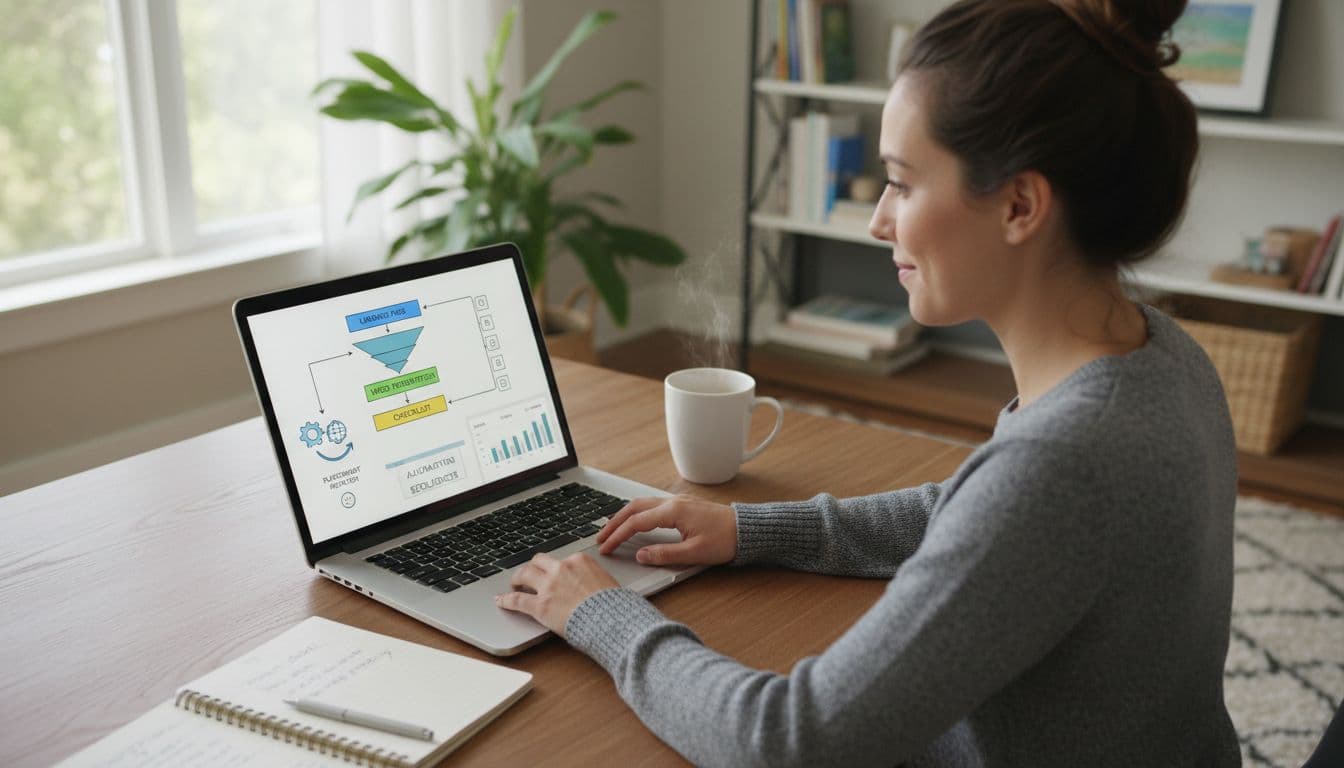 Realistic image of a person in a cozy home office setting up a simple MLM team system on a laptop, with the screen showing a basic funnel diagram including landing page, video, checklist, placement rotator, automation sequences, and metrics dashboard.