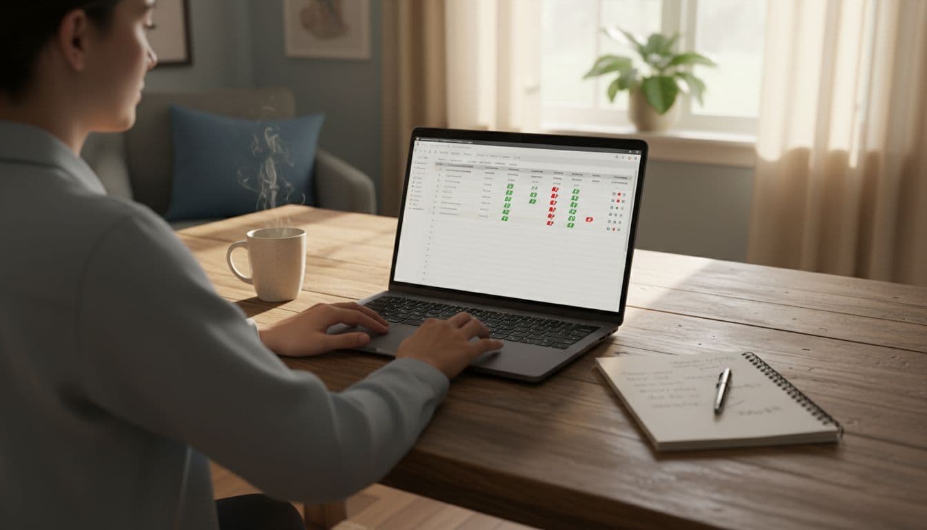 A person works in a cozy home office at a wooden desk with a laptop showing a blurred Google Sheets lead scoring table, hands typing data, notebook with pen, steaming coffee mug, and soft daylight from the window creating a productive atmosphere for a network marketer's side hustle.