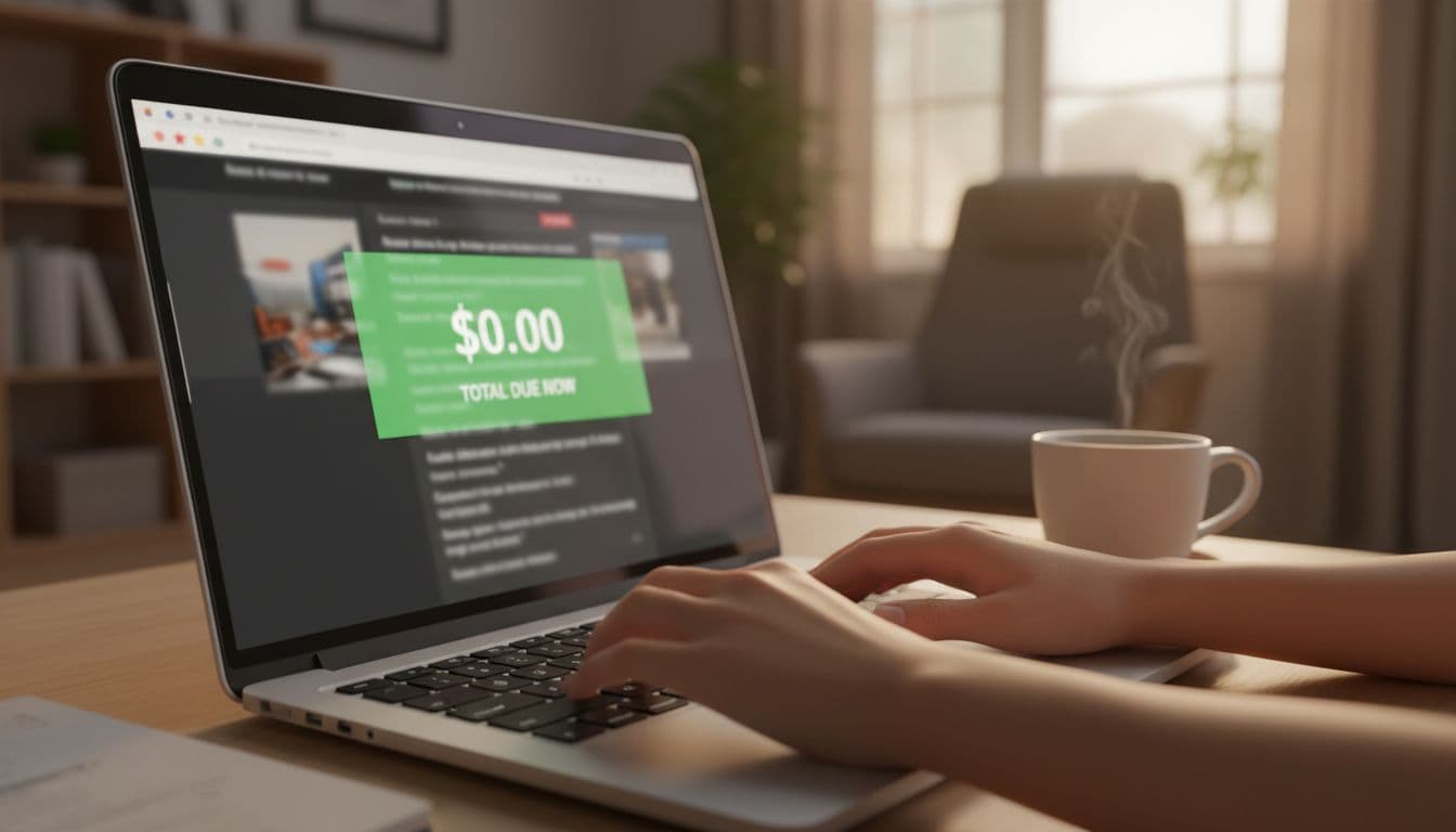 Close-up of a laptop screen at an angle in a cozy home setting, displaying a blurred shopping cart checkout with a highlighted $0.00 total, hands typing on keyboard, coffee mug nearby, under warm evening lighting.